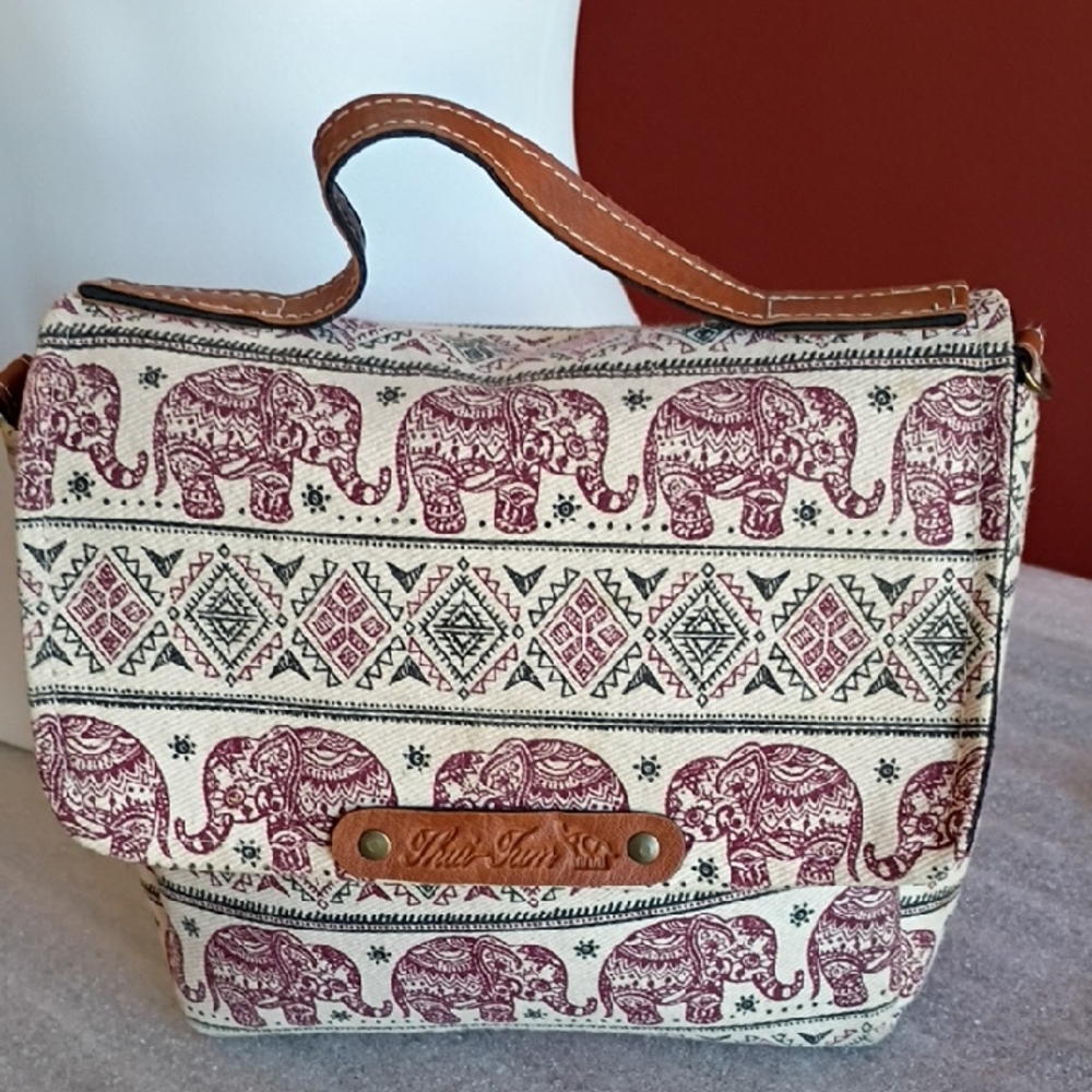 Ethnic Elephant Print Canvas Top-Handle Bag - Beige & Burgundy